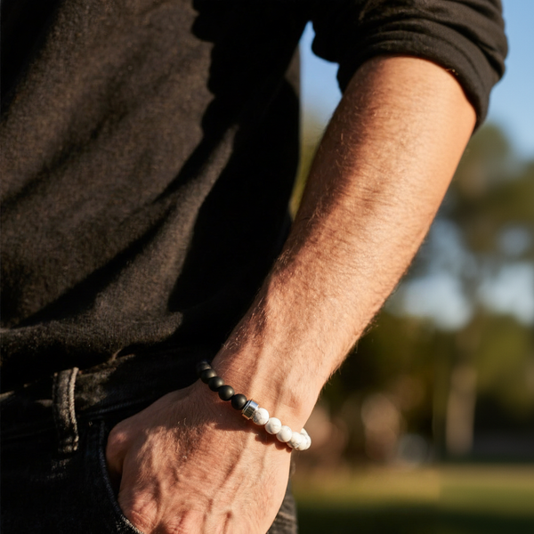 Bracelet homme réglable avec perles rondes en onyx noir et howlite blanche, acier inoxydable