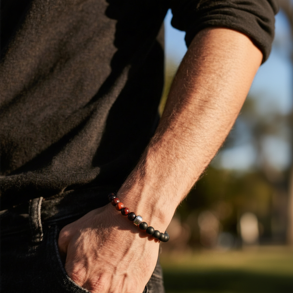 Bracelet homme réglable avec perles rondes en onyx noir et œil de taureau, acier inoxydable