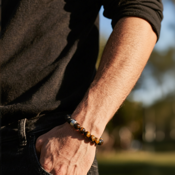 Bracelet homme réglable avec perles rondes en onyx noir et œil de tigre, acier inoxydable