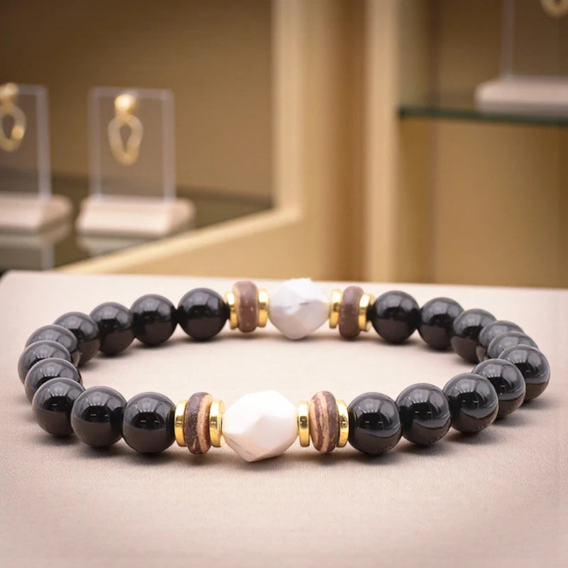 Bracelet homme en perles d’Onyx noir et Howlite blanche naturelle