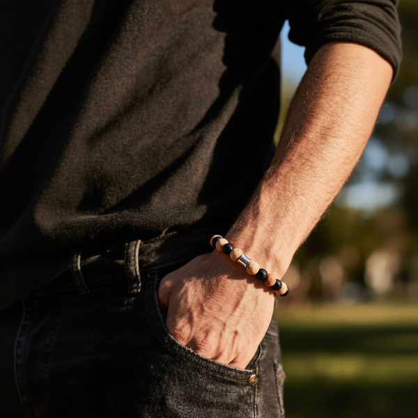 Bracelet homme en perles boules onyx noir et jaspe paysage avec intercalaires en acier inoxydable