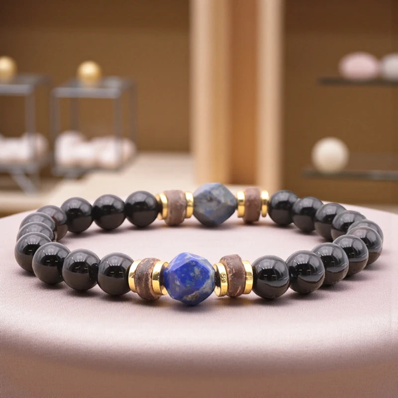 Bracelet homme en perles d’Onyx noir et de Lapis Lazuli naturel