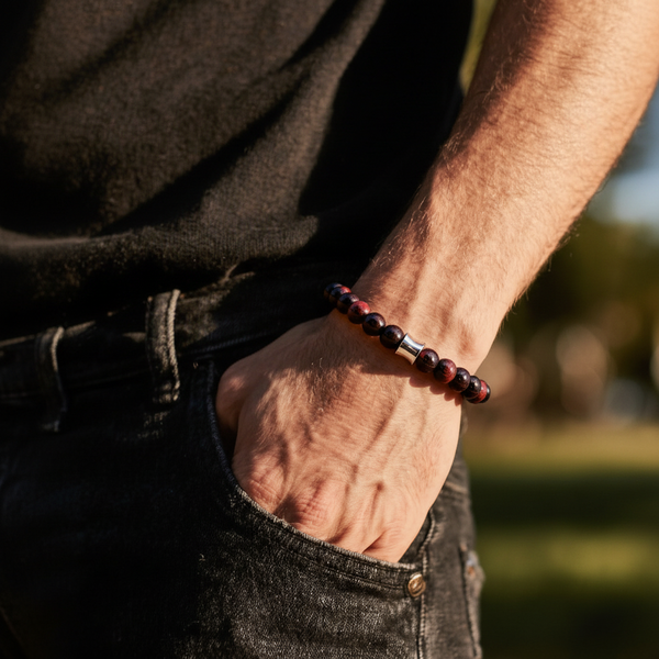Bracelet homme en perles boules onyx noir et oeil de taureau avec intercalaires en acier inoxydable