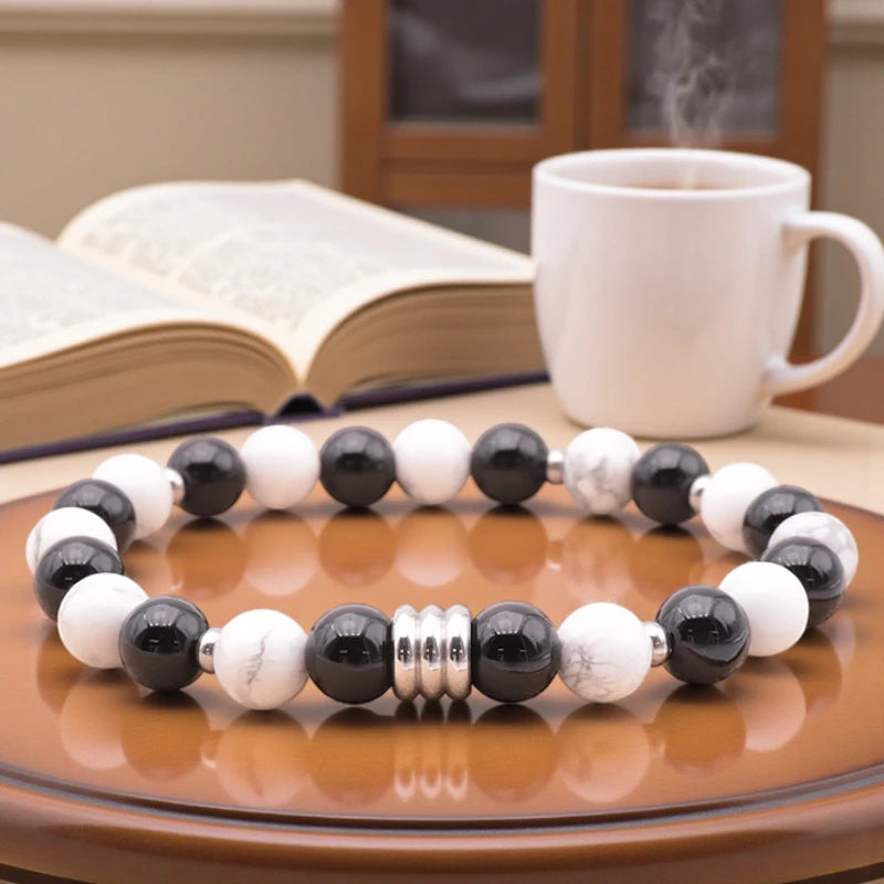 Bracelet homme en pierres naturelles Howlite blanche & Onyx noir, lithothérapie, 18 cm, perles 8 mm