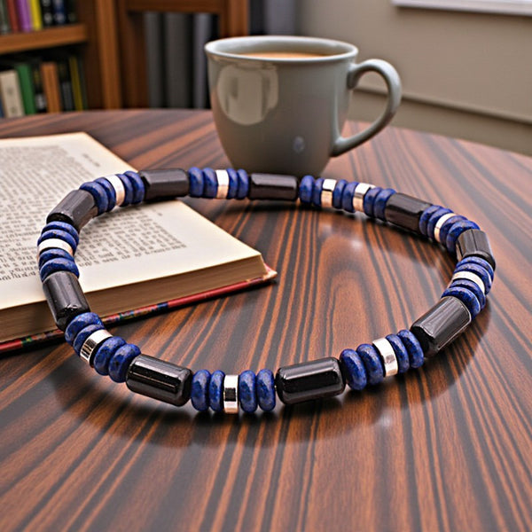 Bracelet en pierres naturelles pour homme obsidienne noire et lapis lazuli, style fin et élégant