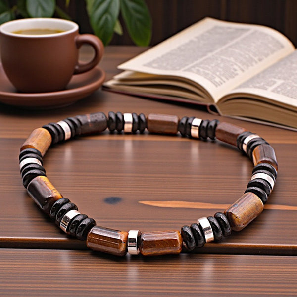 Bracelet en pierres naturelles pour homme obsidienne noire et œil de tigre, style discret et élégant
