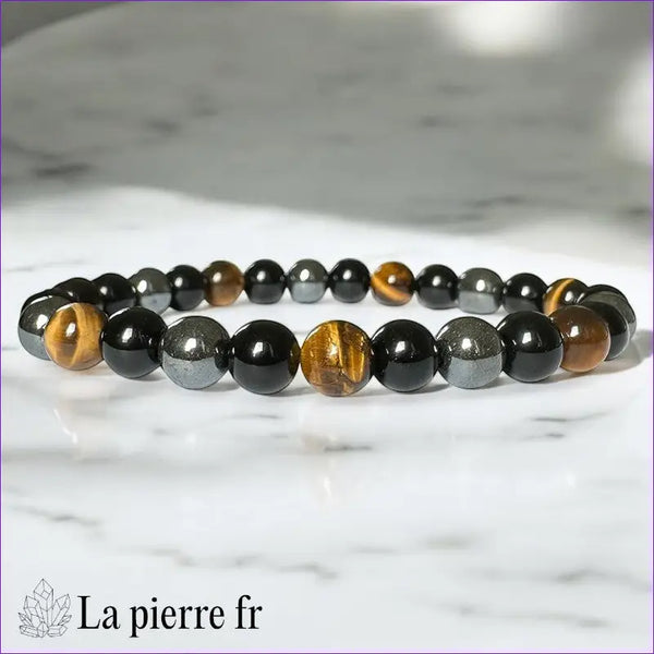 Bracelet homme triple protection La Pierre Fr avec perles 8mm Hématite, Obsidienne Noire et Oeil de Tigre, longueur 22cm, synergie de force.