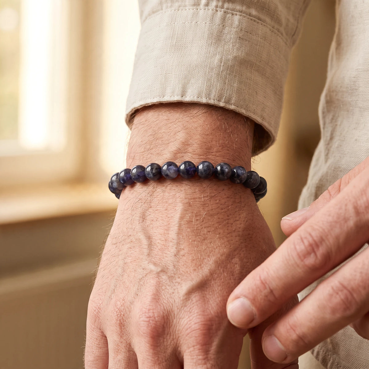 Bracelet iolite homme en perles de 8 mm, pierre naturelle bleu nuit, idée cadeau pour homme