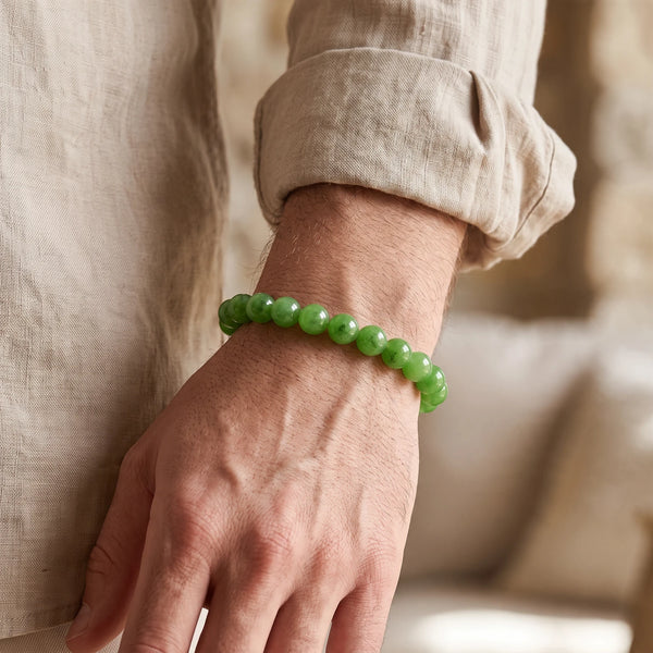 Bracelet jade homme en perles vertes de 8 mm, pierre naturelle portée au poignet