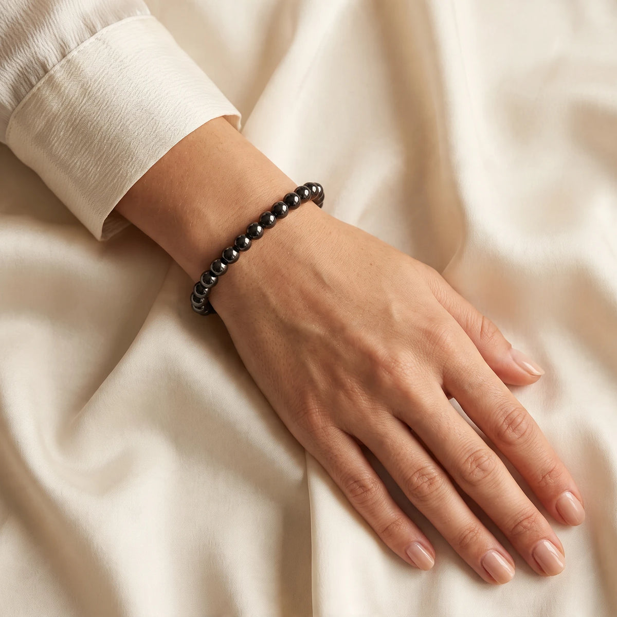 Bracelet jais femme en perles fines de 6 mm, pierre naturelle noire brillante, bijou raffiné cadeau