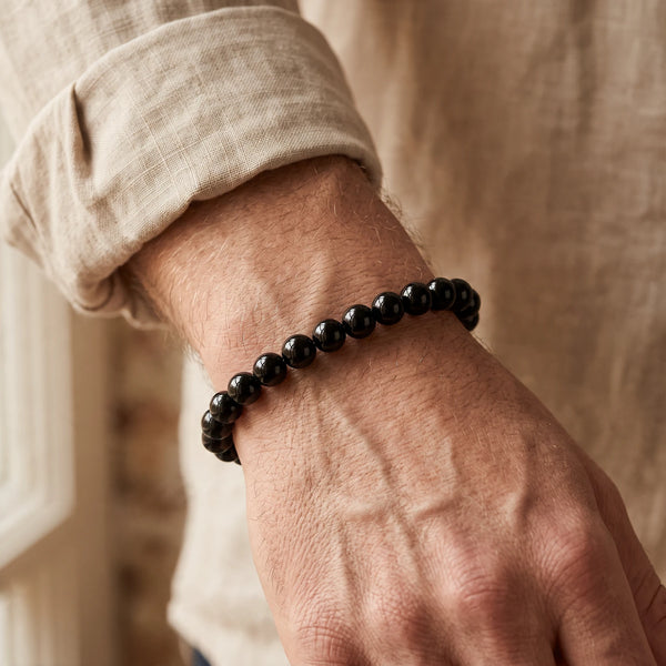 Bracelet jais homme en perles de 8 mm, pierre noire naturelle au poignet, bracelet homme élégant
