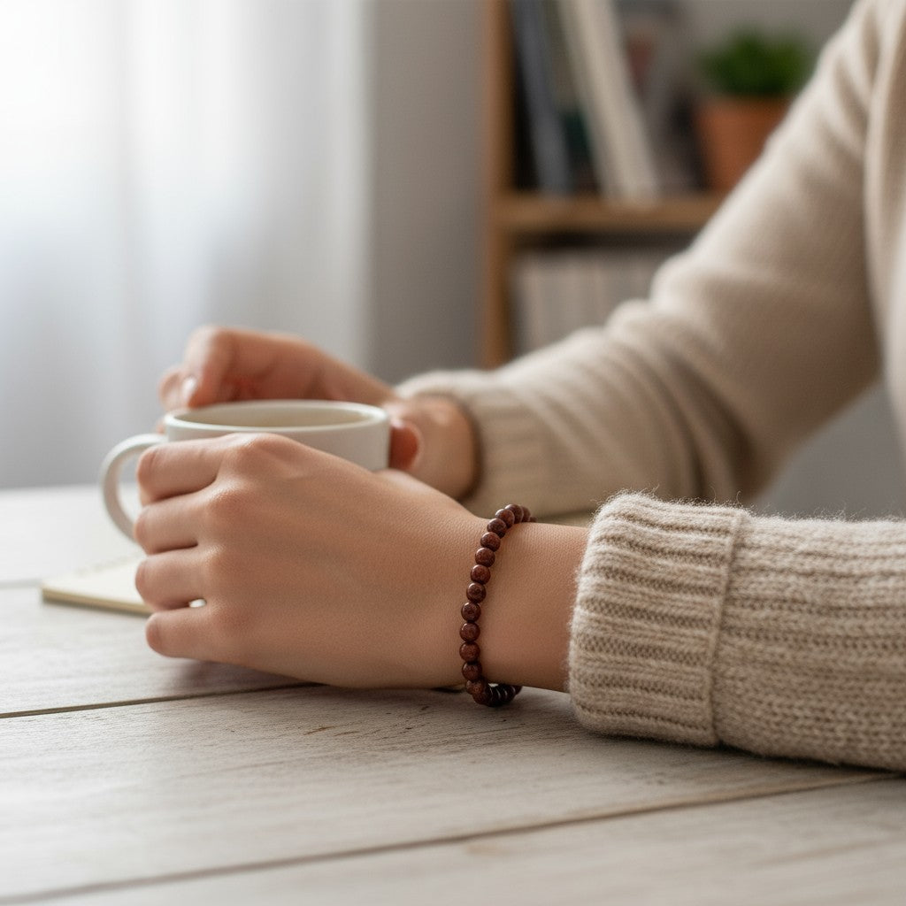 Bracelet Jaspe bréchique en pierre naturelle porté au poignet par une femme