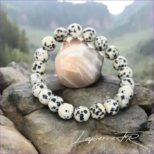 Bracelet pierre naturelle véritable Jaspe Dalmatien tacheté (crème/noir), perles rondes pour lithothérapie, joie de vivre et ancrage.