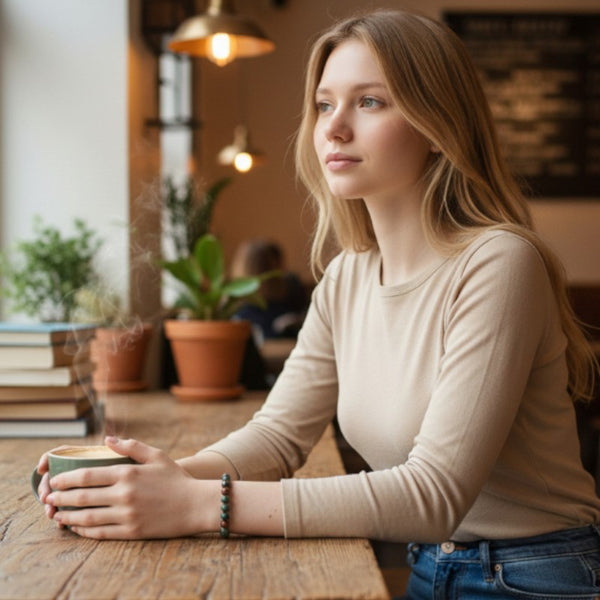 Bracelet Jaspe Héliotrope en pierre naturelle porté au poignet par une femme