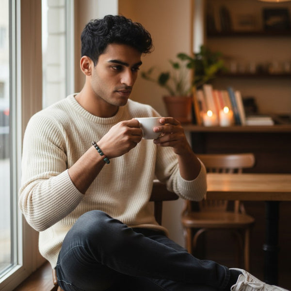 Bracelet Jaspe Héliotrope en pierre naturelle porté au poignet par un homme