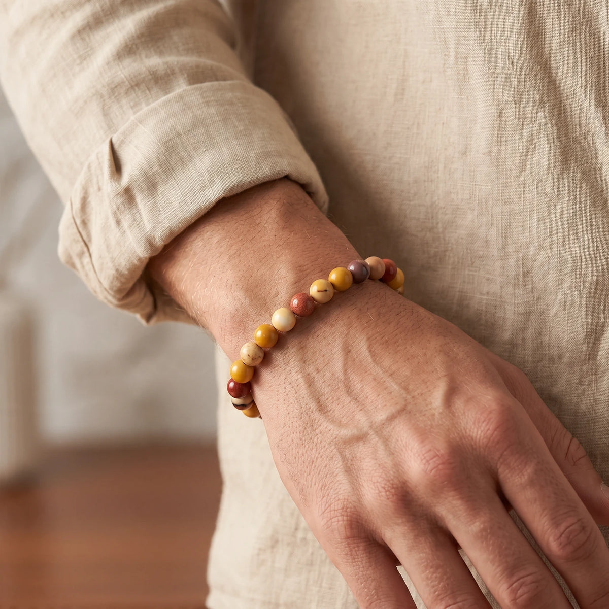 Bracelet jaspe mokaïte homme en perles de 8 mm, pierre naturelle multicolore au poignet