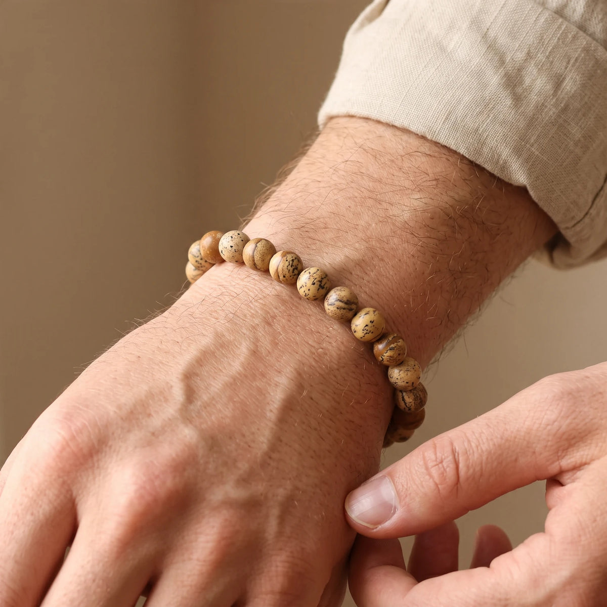 Bracelet jaspe paysage homme en perles de 8 mm aux tons sable, pierre naturelle, cadeau homme