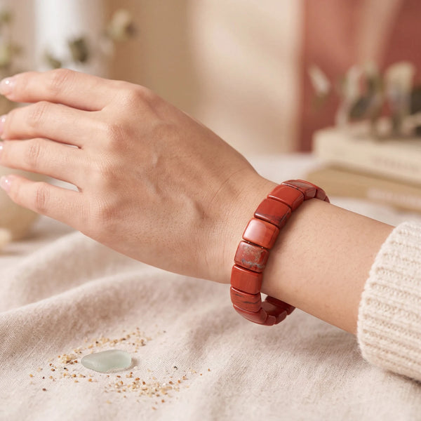 Bracelet jaspe rouge femme porté au poignet, plaques plates de pierre rouge polie