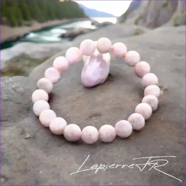 Bracelet pierre naturelle véritable Kunzite rose pâle/lavande, perles rondes pour lithothérapie, amour inconditionnel et chakra cœur.