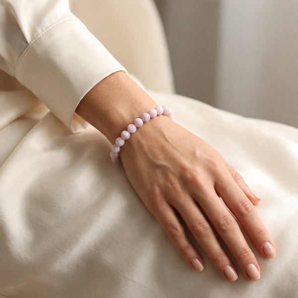Bracelet kunzite femme en perles fines de 6 mm, pierre naturelle rose tendre, cadeau pour elle