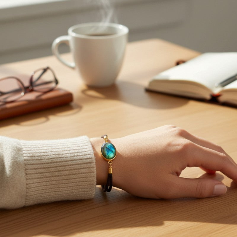 Bracelet Labradorite ÉCLIPSE® porté au poignet, bijou fin avec pierre ovale facettée