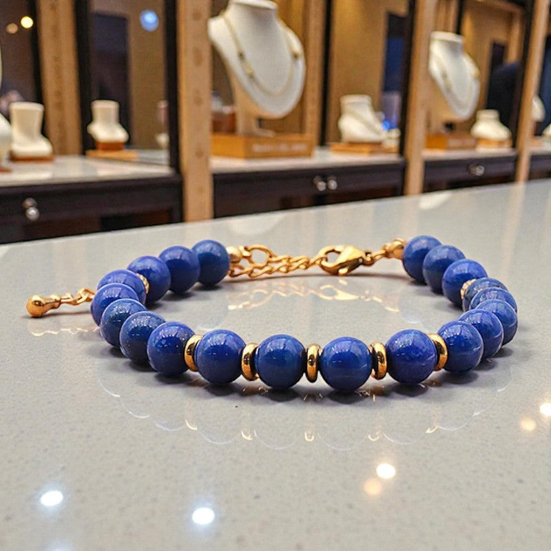Bracelet Lapis Lazuli Femme AURA®, perles 6 mm et acier doré