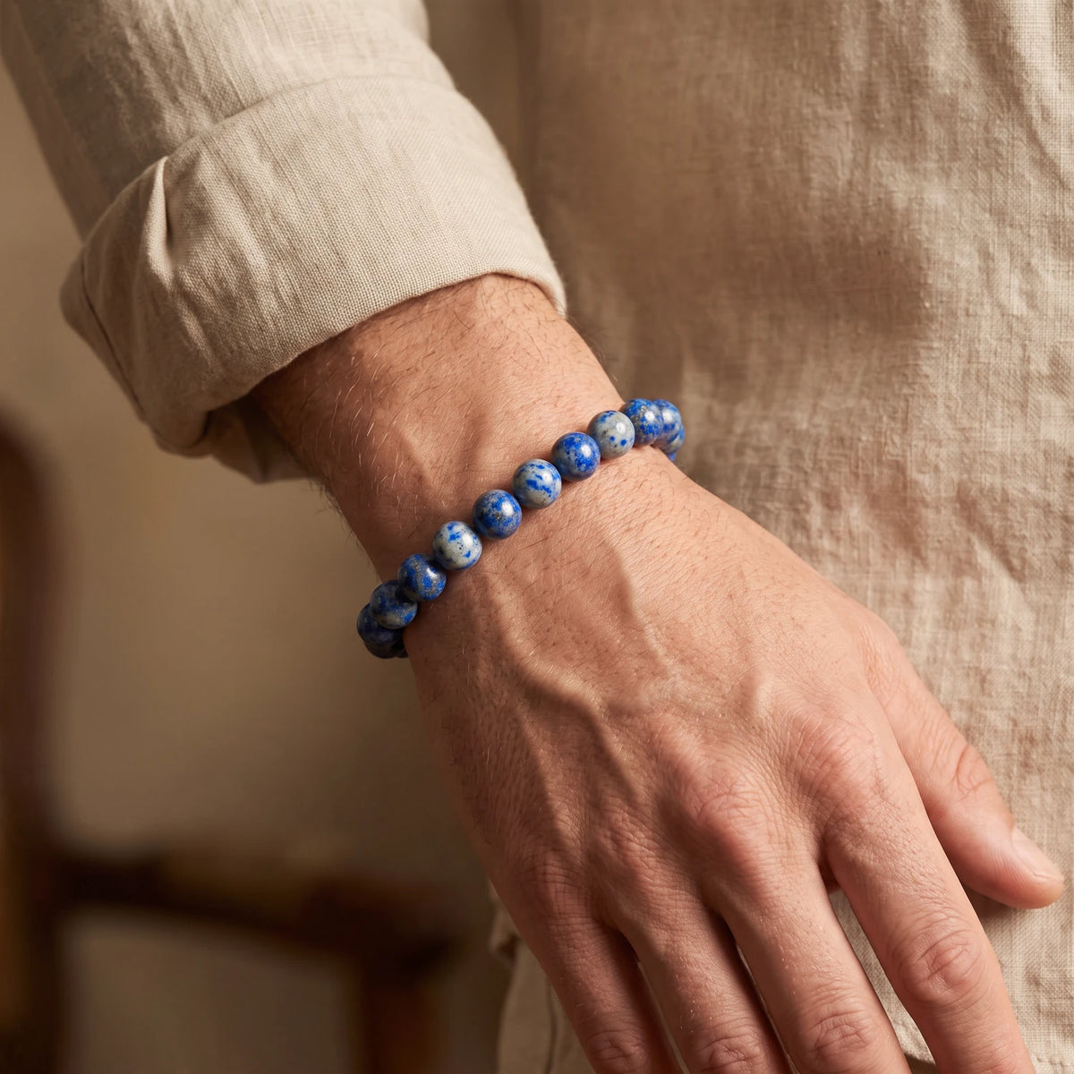 Bracelet lapis-lazuli homme en perles de 8 mm, pierre bleue naturelle, idée cadeau pour lui