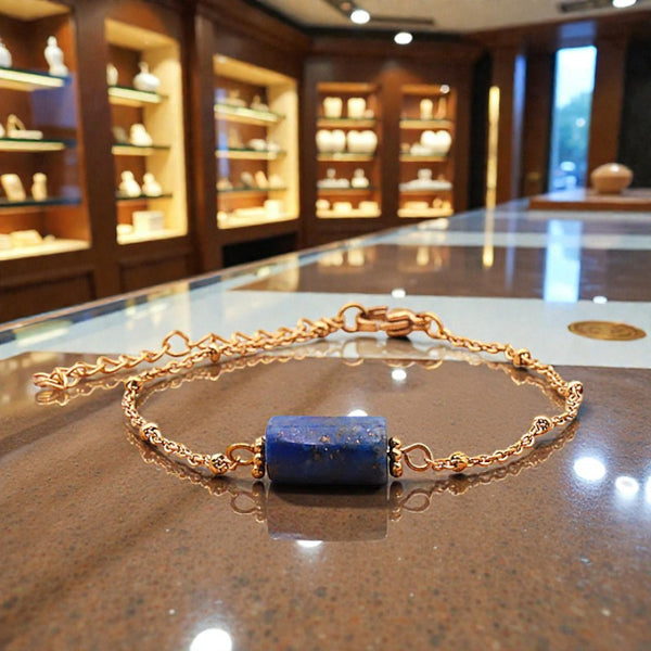 Bracelet Lapis Lazuli LINE® en pierre bleue tube facettée sur chaîne dorée