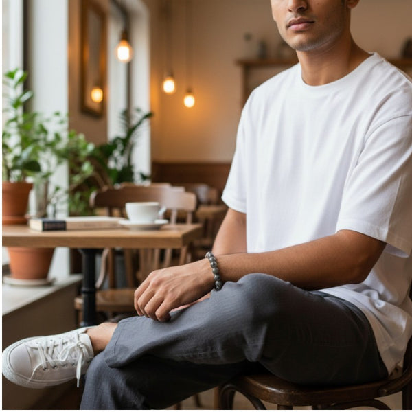 Bracelet Larvikite en pierre naturelle porté au poignet par un homme