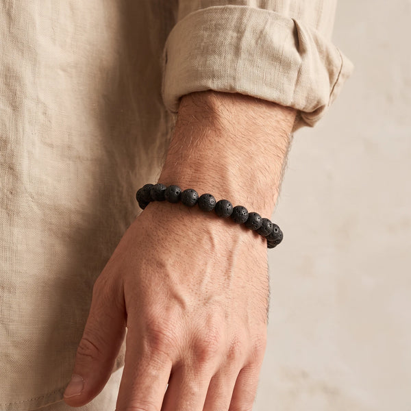 Bracelet pierre de lave homme perles 8 mm, roche volcanique noire naturelle, idée cadeau homme