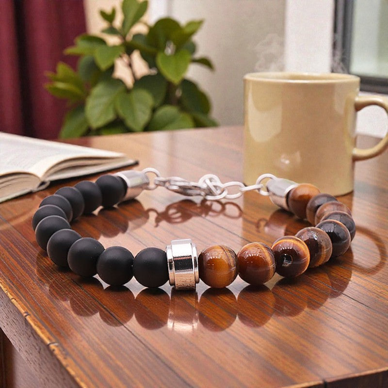 Bracelet en pierres naturelles pour homme onyx noir et œil de tigre, style masculin élégant