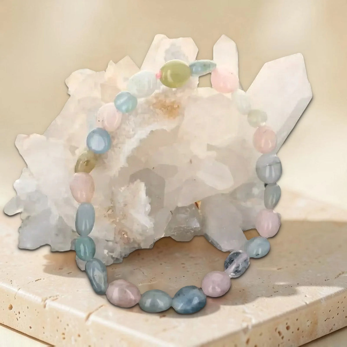 Bracelet pierre roulée morganite, photo réelle sur travertin contre un amas de cristal de roche
