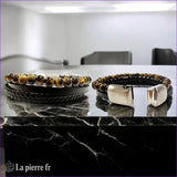 bijou homme en cuir et pierre oeil de tigre en perles de 6mm, La Pierre Fr