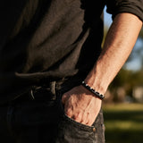 Bracelet multi rangs pour homme en cuir noir et pierre de Labradorite & Onyx noir, fermoir acier inox 304