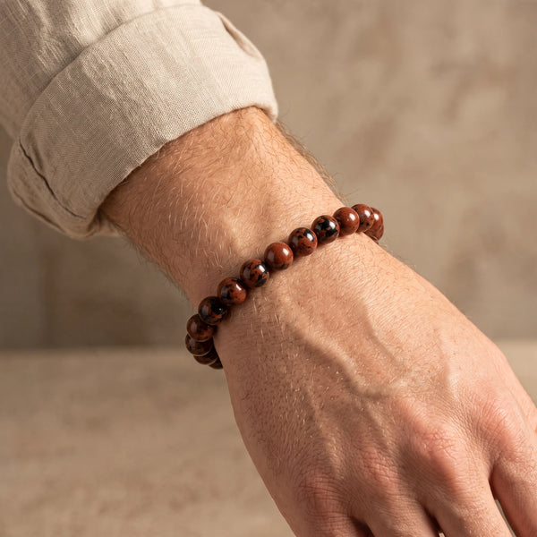 Bracelet obsidienne acajou homme en perles de 8 mm marron et noir, pierre naturelle, idée cadeau homme