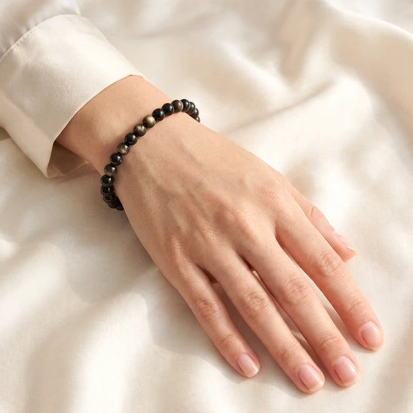 Bracelet obsidienne dorée femme chic en perles de 6 mm, pierre noire naturelle aux reflets or