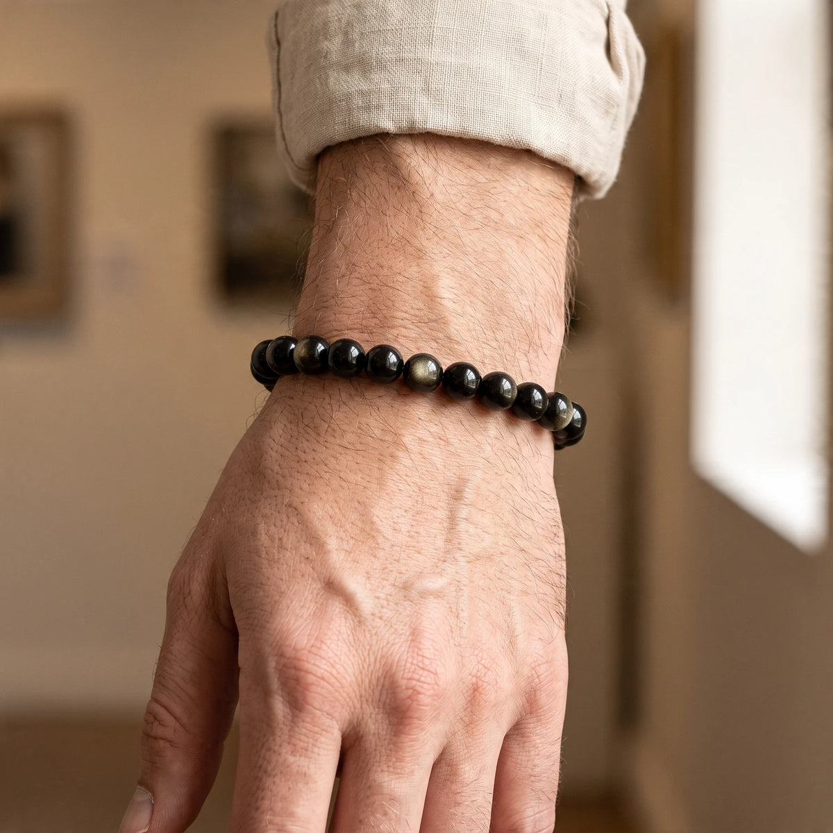 Bracelet obsidienne dorée homme en perles de 8 mm, pierre naturelle noire, cadeau homme élégant