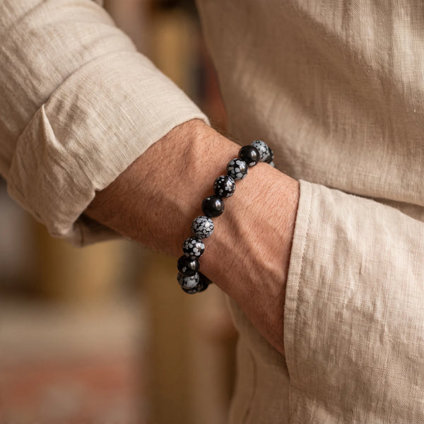 Bracelet obsidienne neige homme en perles de 8 mm, pierre naturelle mouchetée au poignet, idée cadeau