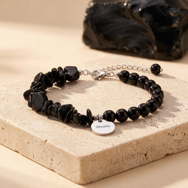 Bracelet obsidienne noire DUO® en pierre baroque et perles rondes, chaîne en acier argenté réglable