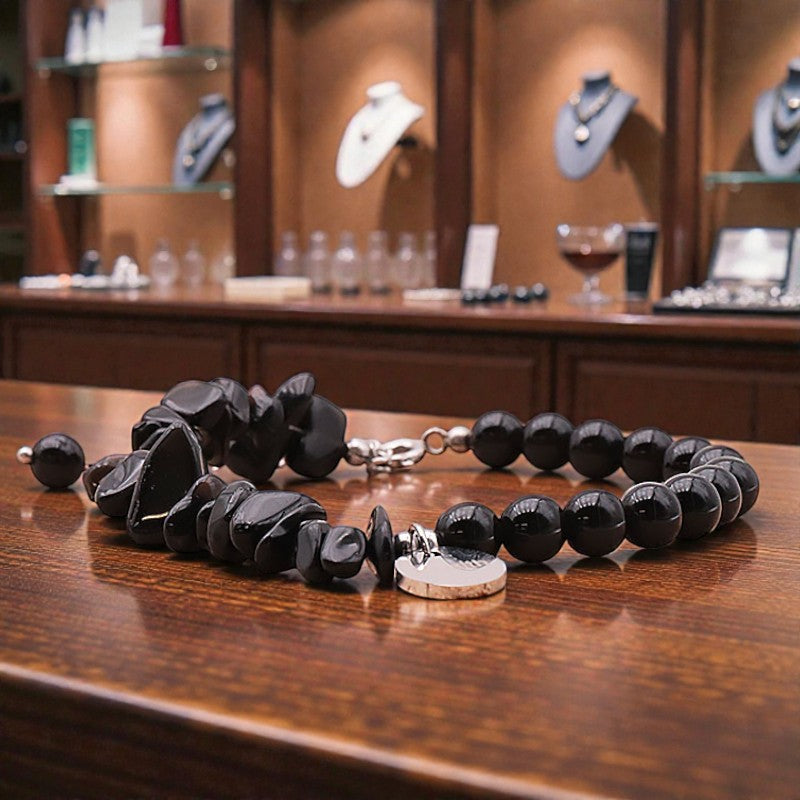 Bracelet Obsidienne noire DUO® avec pierre baroque et perles rondes en pierre naturelle