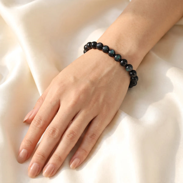 Bracelet obsidienne œil céleste femme perles 6 mm noires irisées, bracelet fin en pierre naturelle