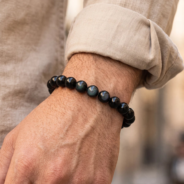 Bracelet obsidienne œil céleste homme en perles de 8 mm, pierre noire naturelle, cadeau pour homme