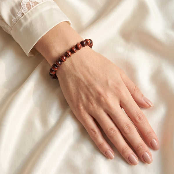 Bracelet œil de taureau femme en perles fines de 6 mm, pierre naturelle rouge brun chatoyante