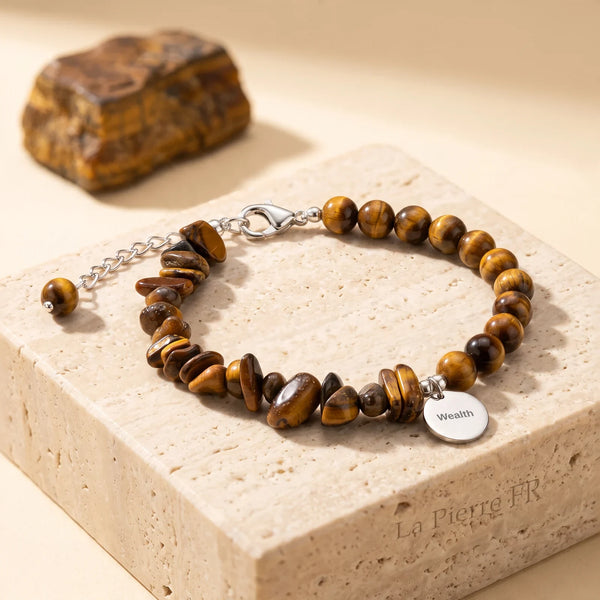 Bracelet œil de tigre DUO, pierre baroque et perles rondes sur chaîne en acier argenté réglable
