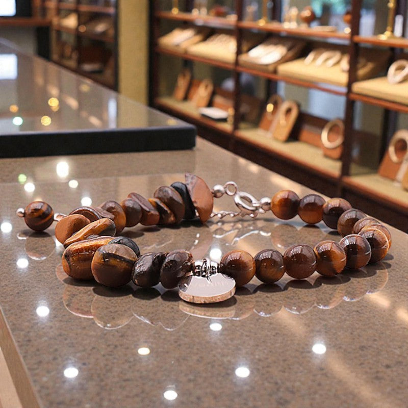 Bracelet Œil de tigre DUO® avec pierre baroque et perles rondes en pierre naturelle