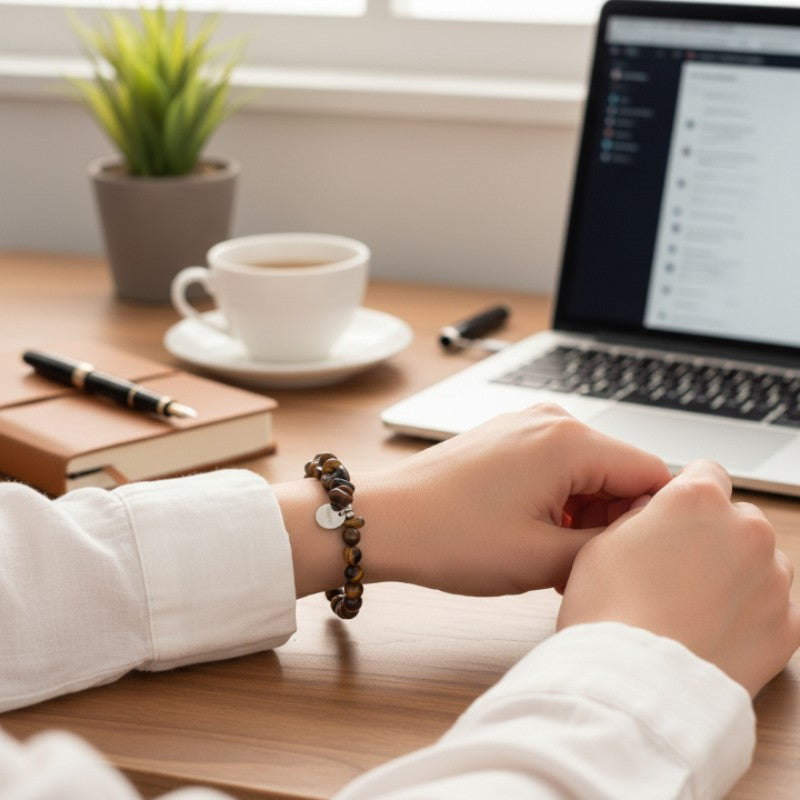 Bracelet Œil de tigre DUO® porté au poignet avec pierre baroque et perles rondes