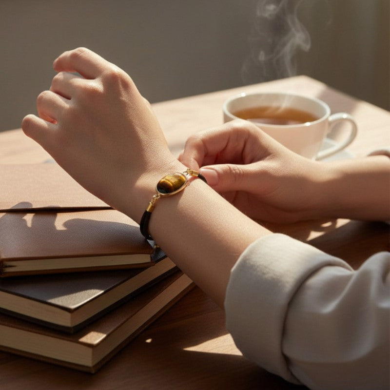 Bracelet Œil de tigre ÉCLIPSE® porté au poignet, bijou fin avec pierre ovale facettée