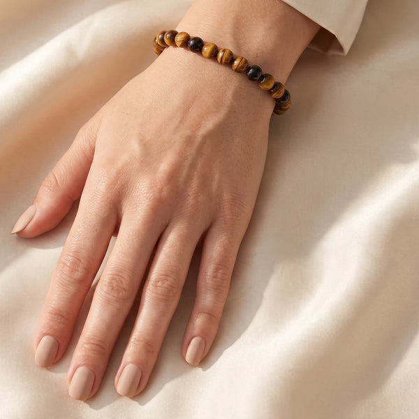 Bracelet œil de tigre femme en perles fines de 6 mm, pierre naturelle marron et dorée, idée cadeau
