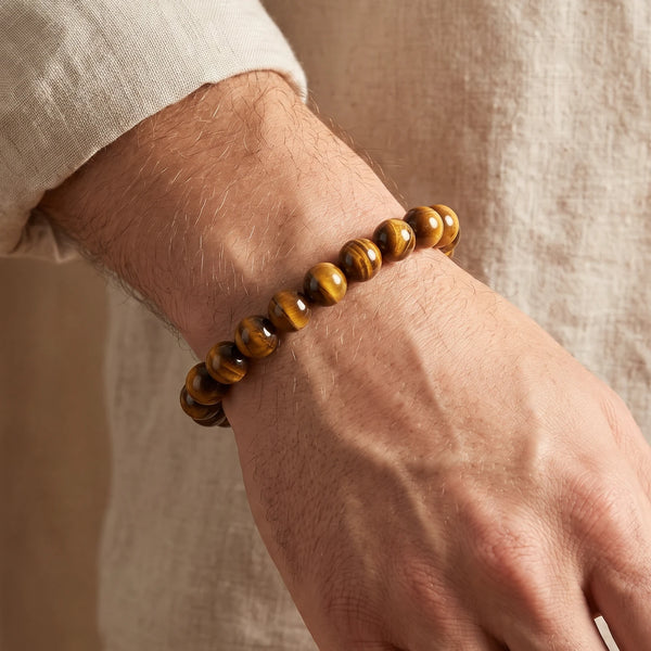 Bracelet œil de tigre homme en perles de 8 mm, pierre naturelle marron dorée au poignet, cadeau homme