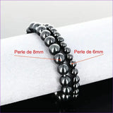 Détail perles noires lisses du bracelet pierre naturelle Onyx Noir véritable. Qualité lithothérapie pour chakras racine/plexus/3e œil.